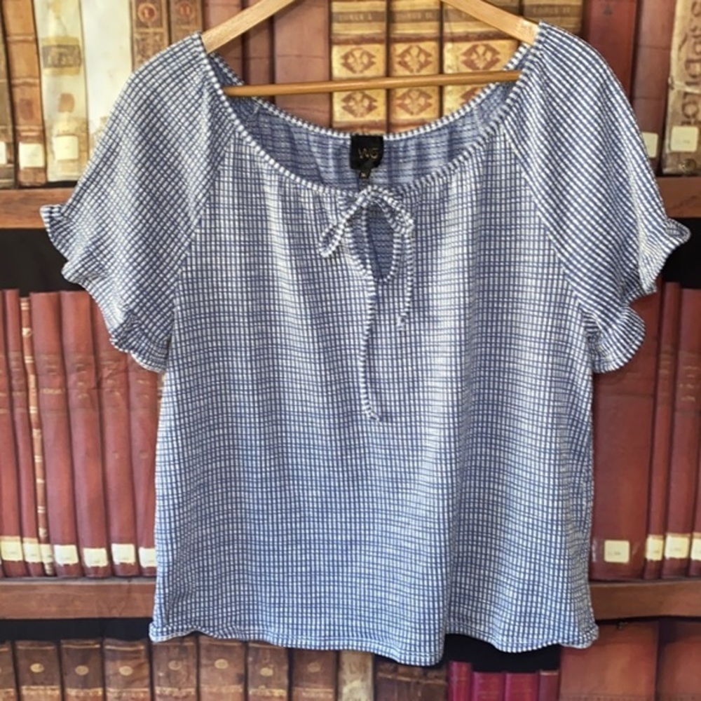 W5 Blue White Textured Gingham Peasant Blouse Tie Front XL